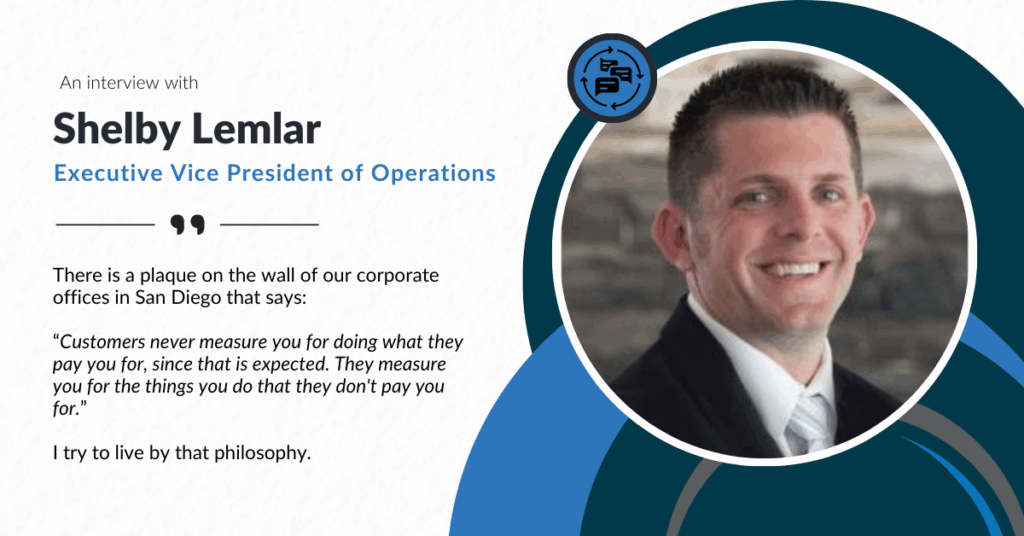 A graphic featuring a portrait of Shelby Lemlar, Executive Vice President of Operations, on the right. He is a man with short brown hair, wearing a suit jacket and tie, and he is smiling at the camera. On the left side, the text 