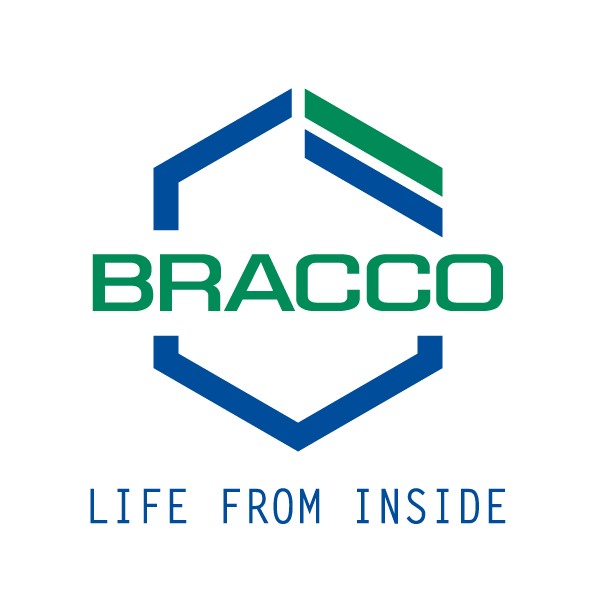 Bracco logo with geometric graphic. Provider of diagnostic imaging solutions.