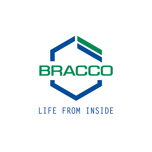 Bracco logo with geometric graphic. Provider of diagnostic imaging solutions.