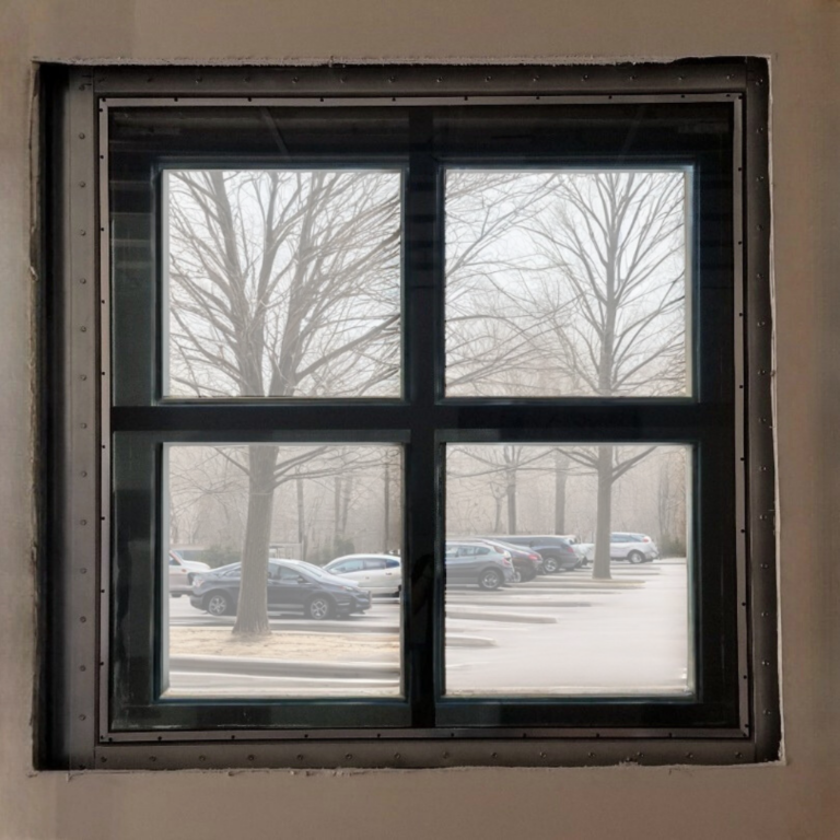 Exterior view through large, divided pane RF shielded window in an MRI suite.