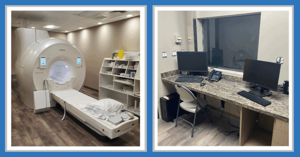 Left: newly installed Fuji Synergy MRI unit Right: desk with two monitors for staff to use with the new MRI machine.