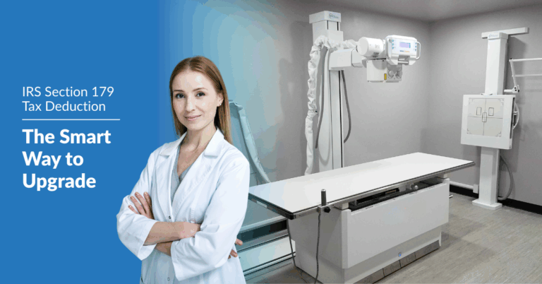 smiling female medical professional in lab coat with her arms crossed, standing in clean, modern medical imaging room with Philips digital radiography (DR) system visible behind her.