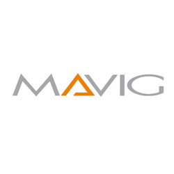 MAVIG logo with orange triangle accent. Manufacturer of radiation protection products.