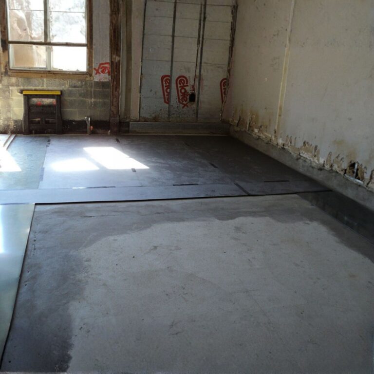 Installation of RF shielding floor panels over concrete in room under construction.