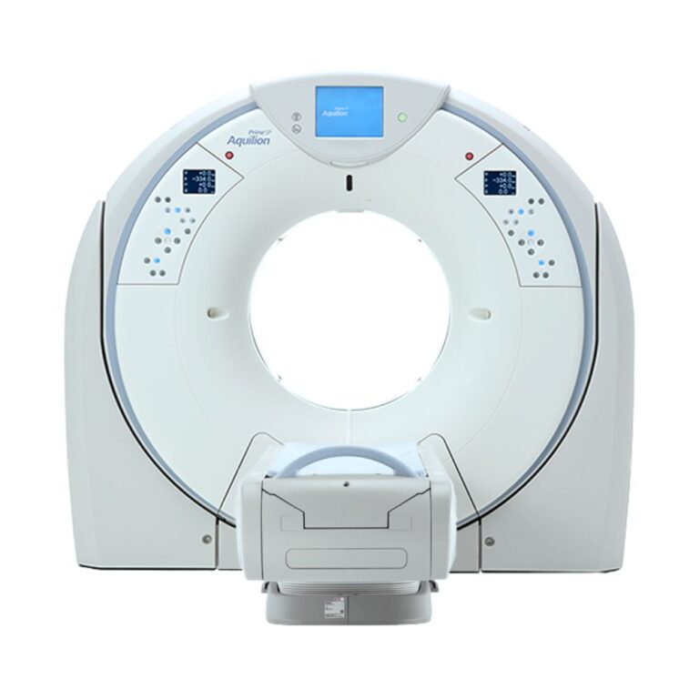 Canon Aquilion Prime SP wide-bore CT scanner with 40 mm coverage, 0.35-second rotation, advanced cardiac CT, and optional AiCE reconstruction.