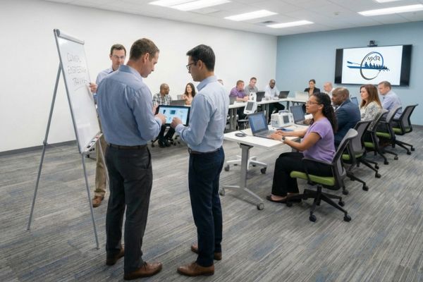 Professional clinical engineering training session with instructors and students using tablets and medical devices.
