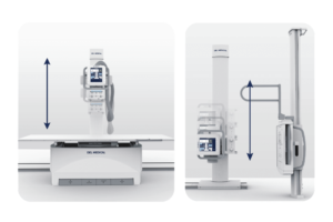 Motorized tube stand movement auto-aligns the X-ray tube & image receptor via vertical tracking to the wall stand & SID tracking to the elevating table for quick setup.