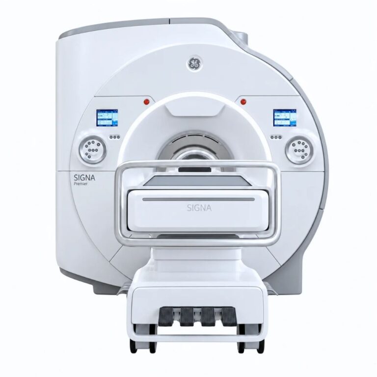 Front view of the GE SIGNA Premier 3T MRI scanner showing its wide bore, patient table, and integrated control panels.