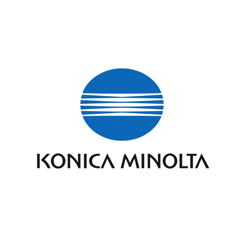 Konica Minolta logo with blue circular and black text. Diagnostic imaging equipment.