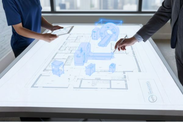 MXR's turnkey imaging project management shows imaging equipment placement on architectural blueprints for risk free CT, MRI, and X ray installation.
