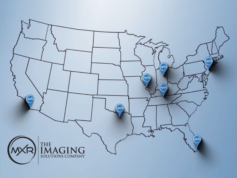 Map of the United States with push pin markers showing the national service and distribution locations for MXR Imaging.